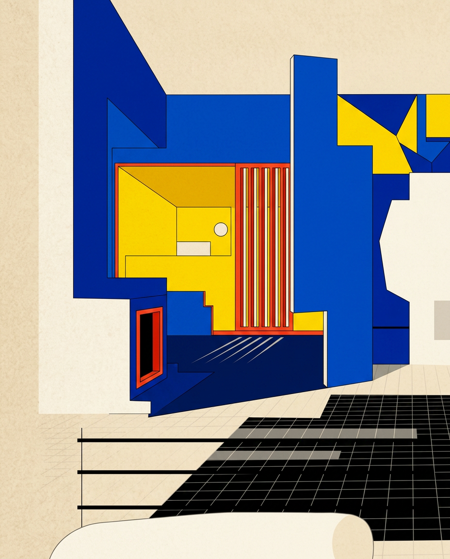 Funkey Townhouses Bauhaus-inspired interior illustration with Peace · Love · Serendipity
