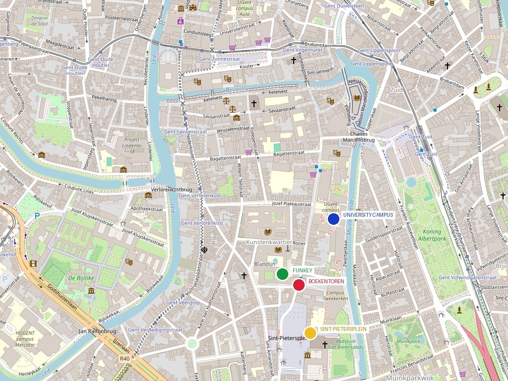 Illustrated map of central Ghent showing the Boekentoren, University Campus, Sint-Pietersplein, the Leie and Schelde rivers, and access roads